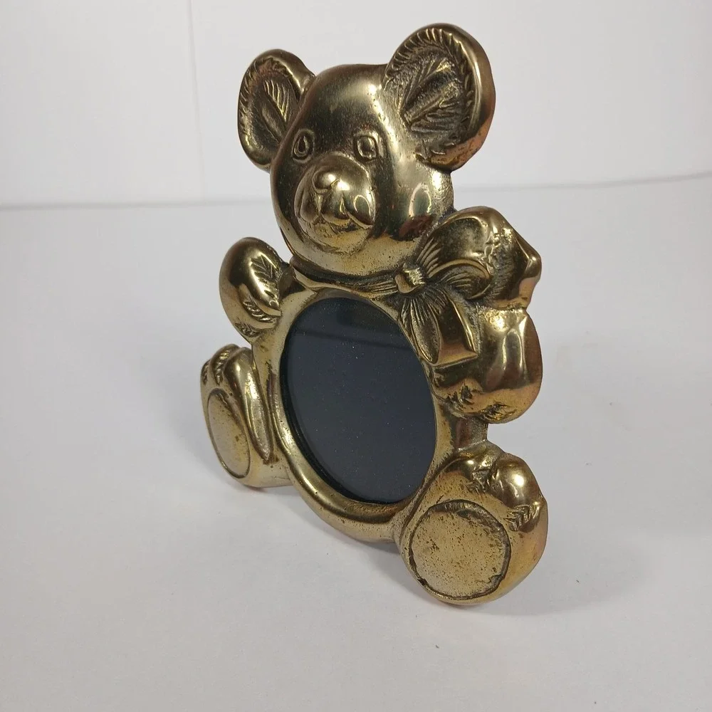 Vintage Brass Teddy Bear Photo Frame Baby Shower Gift Picture Nursery Cottage